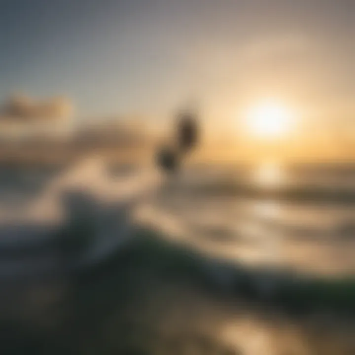 Kitesurfers riding the waves during sunset in Miami