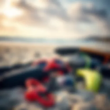 Essential Kitesurfing Equipment Essential kitesurfing gear laid out on the beach