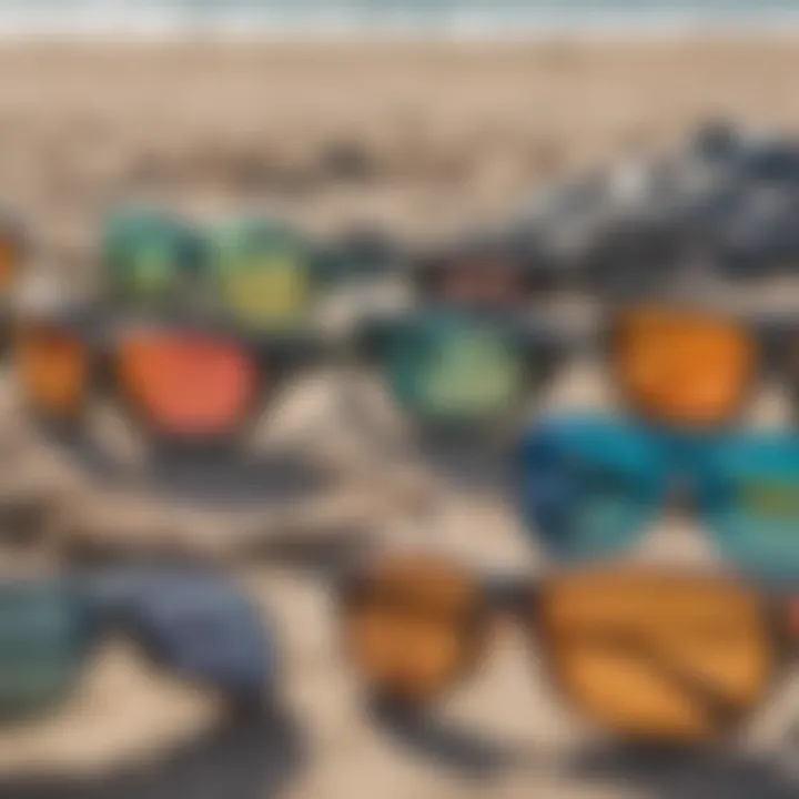 An assortment of kitesurfing sunglasses highlighting different frame styles and colors.