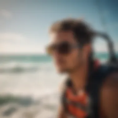 A kitesurfer wearing stylish sunglasses against a backdrop of vibrant ocean waves.