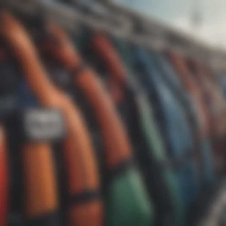 A variety of life jackets displayed for windsurfing enthusiasts