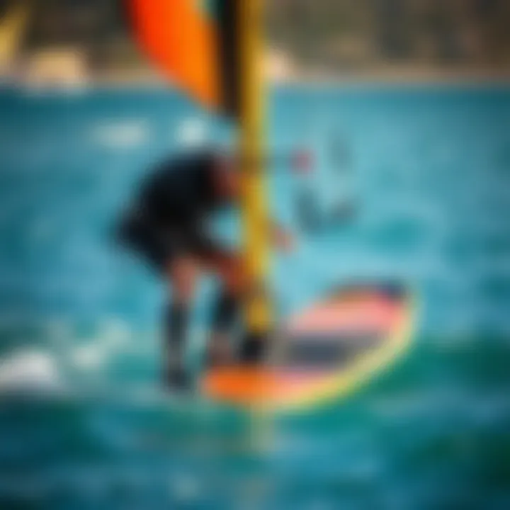 A rider performing maintenance on a mini hydrofoil, ensuring peak performance.