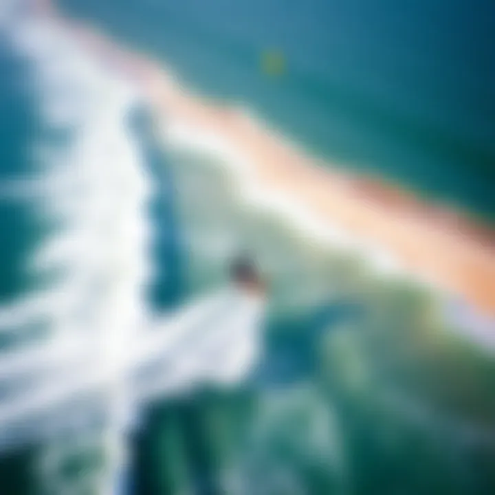 Prime Kitesurfing Location An aerial shot of a breathtaking kitesurfing location, highlighting the waves and wind conditions.