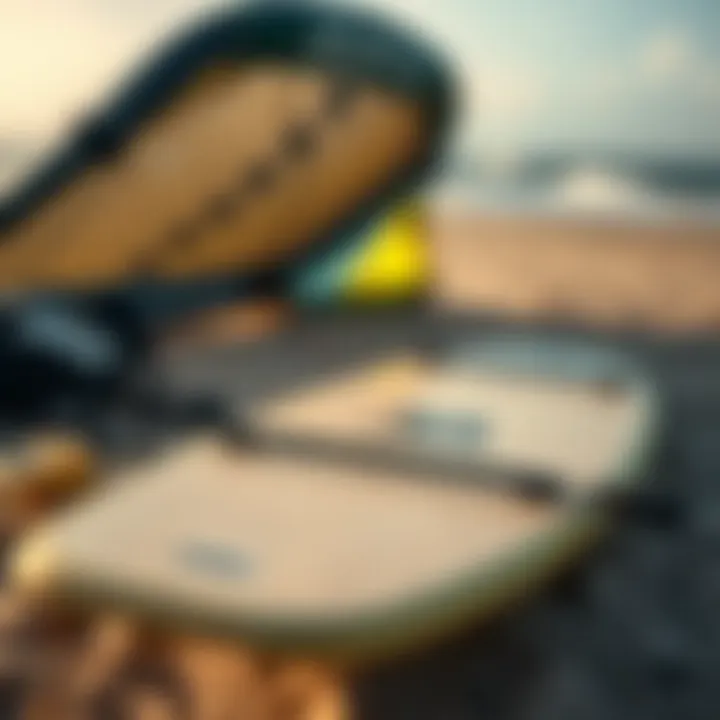 Essential Kitesurfing Gear Close-up of kitesurfing equipment laid out on the beach, showcasing the kite and board.