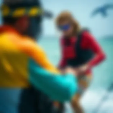 Professional Kitesurfing Instruction An instructor providing guidance to a kitesurfing student, emphasizing learning and safety.