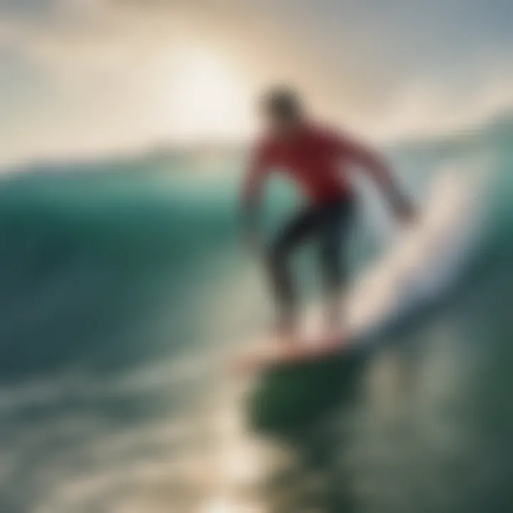 Surfing scene featuring a surfer riding a Matador surfboard on vibrant waves