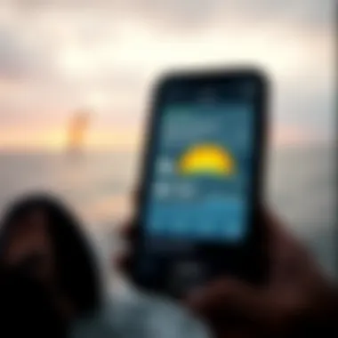Utilizing Weather Apps for Wind Speed Assessment A smartphone screen showcasing a weather app with wind speed forecast.