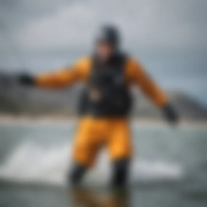 Kiteboarder wearing the dry suit during an active session