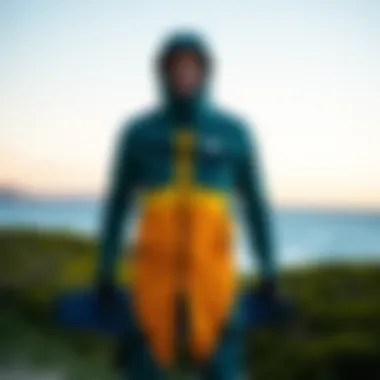 Mustang Survival Hudson Dry Suit showcased on a scenic beach backdrop