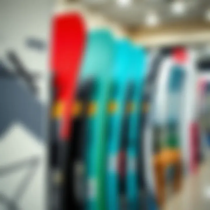 Variety of kiteboards lined up in a retail setting