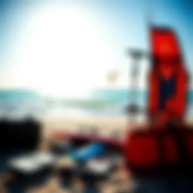 A serene beach view with kitesurfing gear ready for adventure