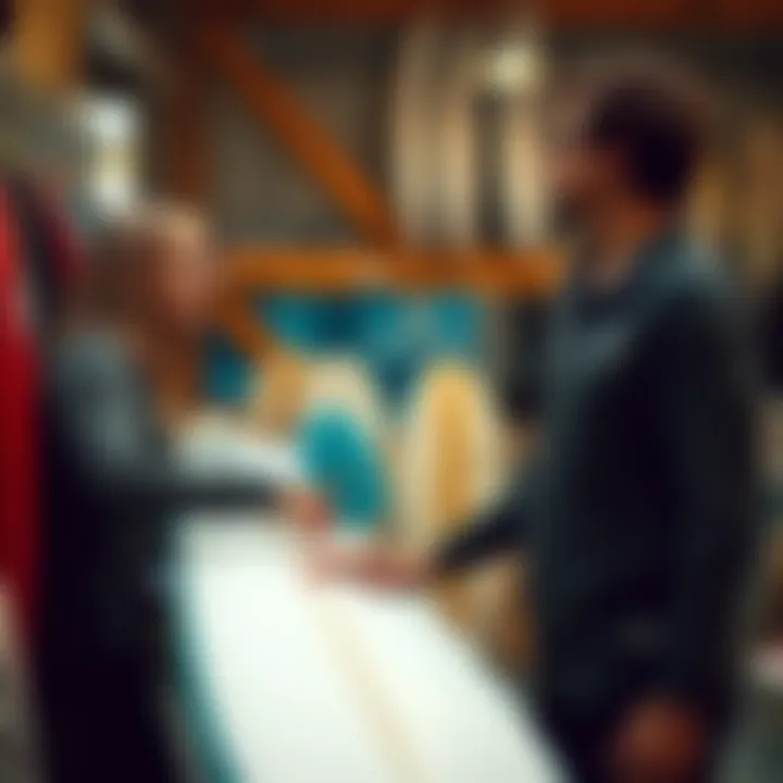 A knowledgeable retailer assisting a customer with surfboard selection