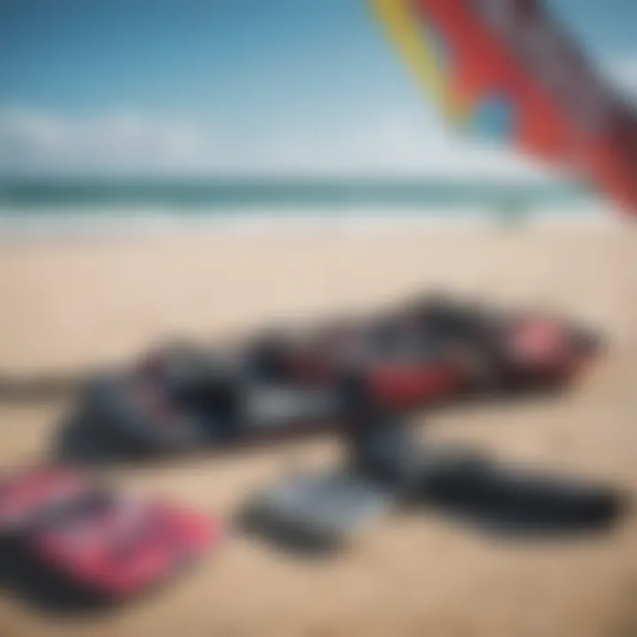 Kite surfing gear laid out on the beach