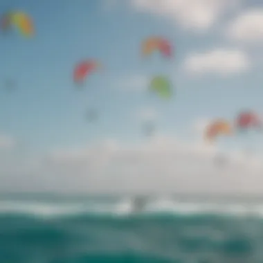 Vibrant kites in the sky during a kitesurfing lesson