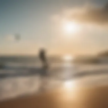 A picturesque beach at sunrise with kiteboarding gear