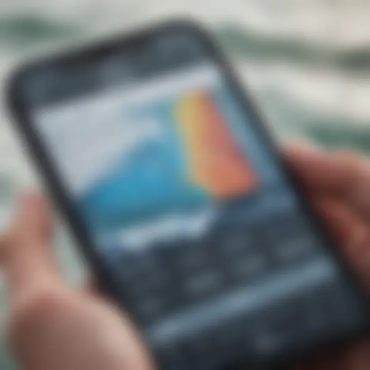 Close-up of tide charts and data on a smartphone