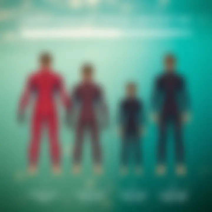 Importance of Proper Wetsuit Fit Illustration of various wetsuit fits highlighting the importance of proper sizing for comfort and performance.