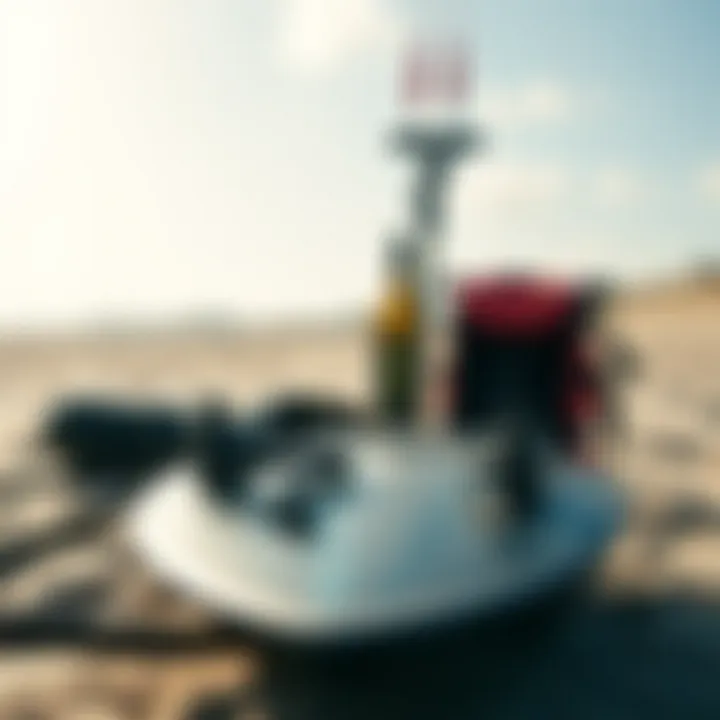 Kiteboarding equipment setup on the sandy beach