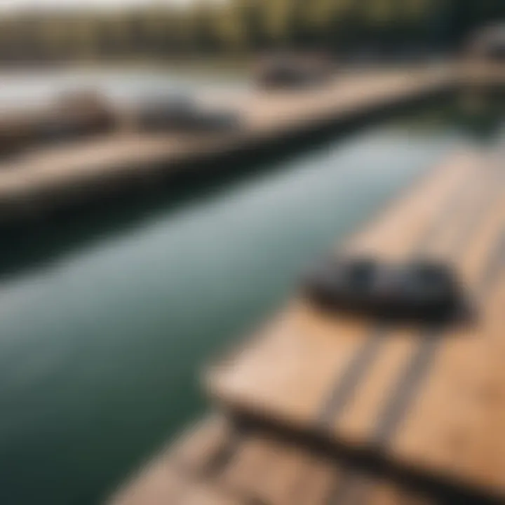 Close-up of a wakeboard resting on the dock with the park in the background