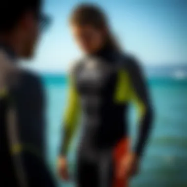 Wetsuit fitting on a model to demonstrate proper fit and comfort