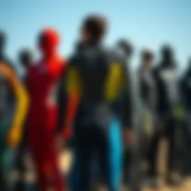 A variety of wetsuits displayed outdoors, highlighting different colors and styles.