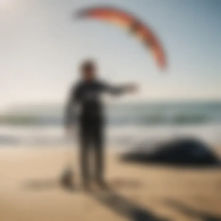 A group of kiteboarding enthusiasts discussing their experiences and insights about the Skywalker kite on the beach