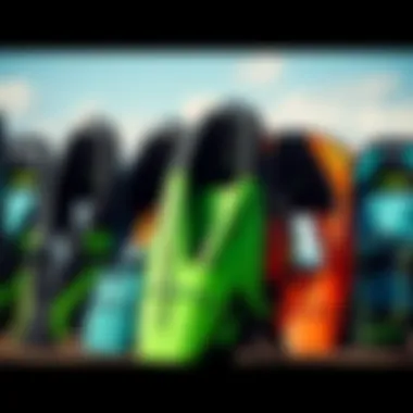 Diverse Models of Slingshot 2020 Kiteboarding Equipment A collection of Slingshot 2020 kiteboarding models displayed together.