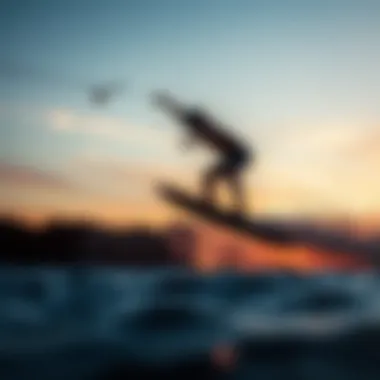 A dynamic shot of a rider performing a maneuver while foil boarding.