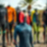 Diverse summer wetsuit options displayed in an outdoor setting, showcasing their designs and colors