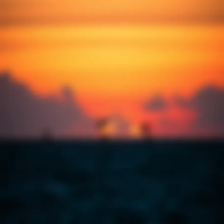Silhouettes of Kiteboarders at Sunset A stunning sunset backdrop with kiteboarders silhouetted against the colorful sky.