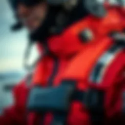 A detailed view of a high-performance survival suit