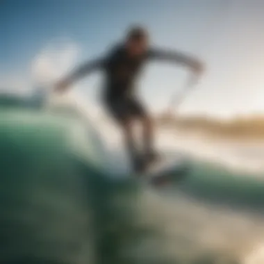 Kiteboarder riding a swell board over dynamic waves