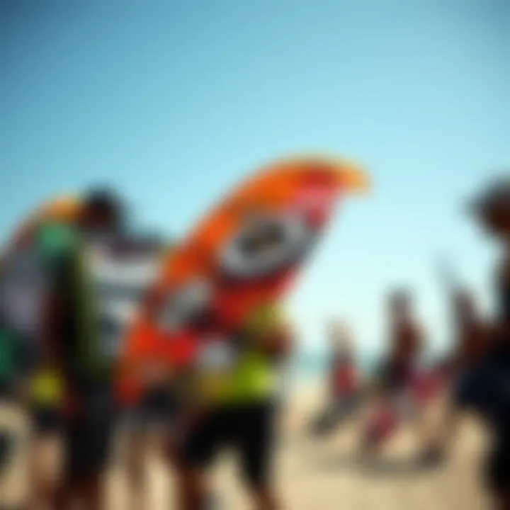 Celebrating Kiteboarding Culture with Custom Stickers Group of kiteboarders with custom stickered kites