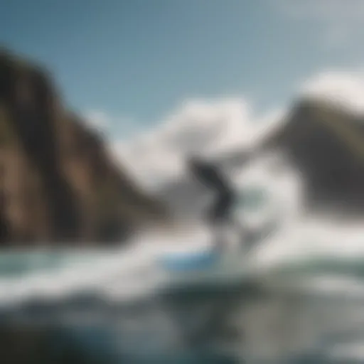 Dynamic view of a hydrofoil surfboard gliding over waves