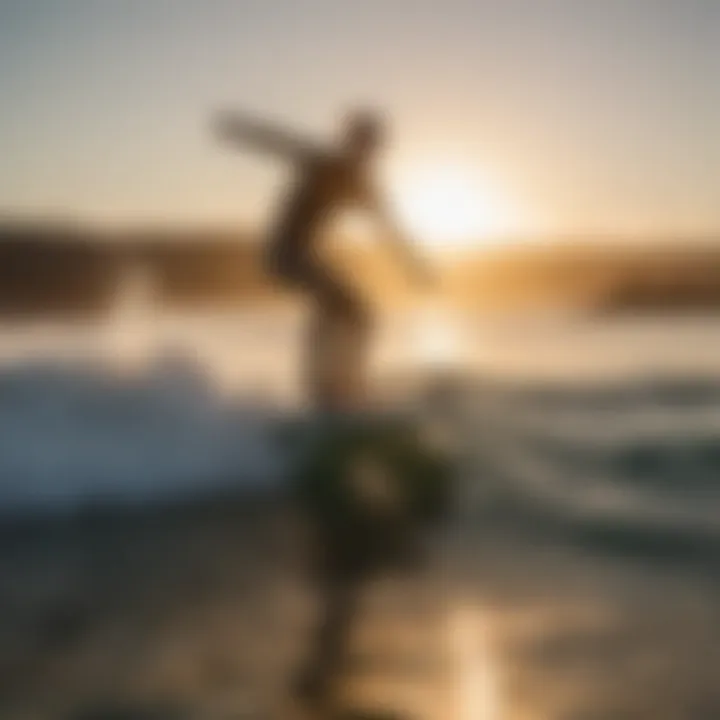 Surfer riding a hydrofoil surfboard at sunset