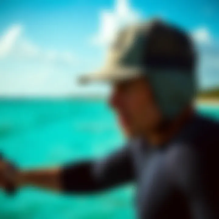 Kiteboarding in Style with Waterproof Trucker Hats Kiteboarder wearing a waterproof trucker hat against a backdrop of a vibrant ocean landscape.