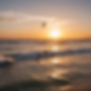 A serene scene of kiteboarding with air foil boards at sunset