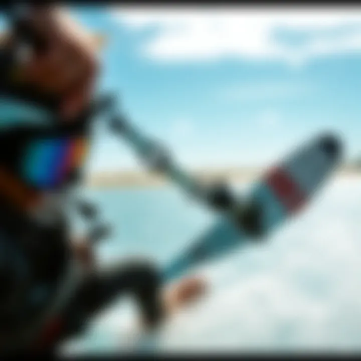 Kiteboarder in Action with Goggles A kiteboarder wearing goggles while riding on the water