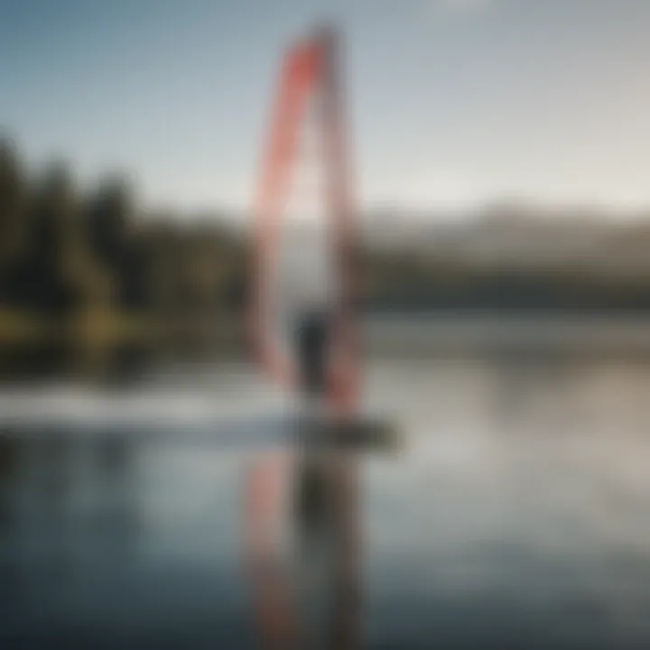 A scenic view of windsurfers on a calm lake, highlighting the versatility of dry suits