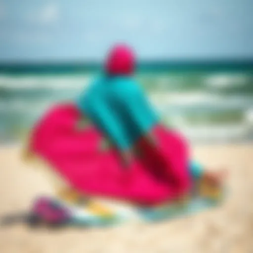 A vibrant poncho draped over a kiteboard on a beach