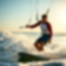 A kiteboarder showcasing a long sleeve wet shirt while maneuvering on the waves.