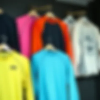 Variety of Wet Shirt Designs A selection of long sleeve wet shirts in various colors and designs on display.