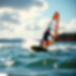 Dynamic windsurfing scene on a vibrant lake