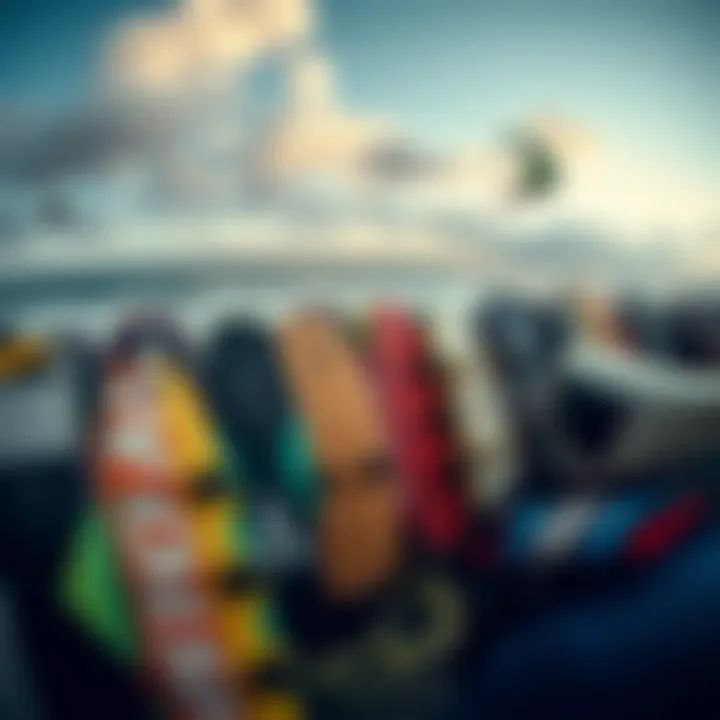 A panoramic view of kiteboards and accessories
