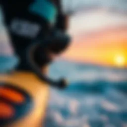 Close-up of a kitesurfing leash attached to a board