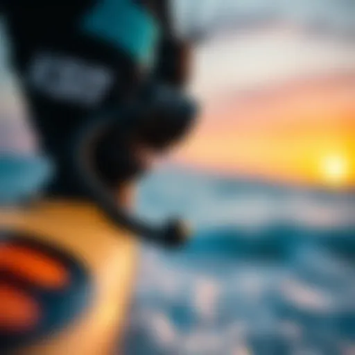 Close-up of a kitesurfing leash attached to a board
