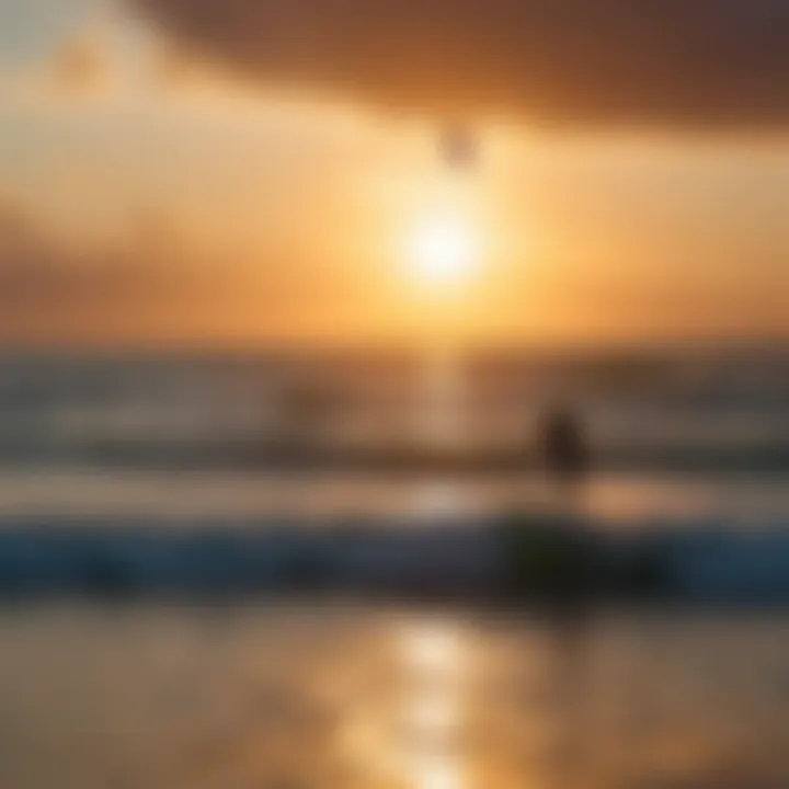 A stunning sunset backdrop with kitesurfers silhouetted against the horizon