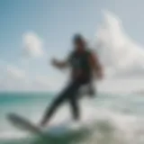 A breathtaking view of kitesurfers riding the waves at a tropical beach