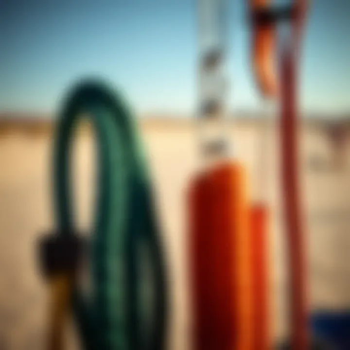 Different types of kiteboard safety leashes displayed side by side