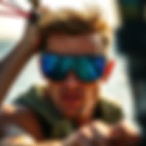 An athlete showcasing the sleek design of Typhoon sunglasses during a kiteboarding session.